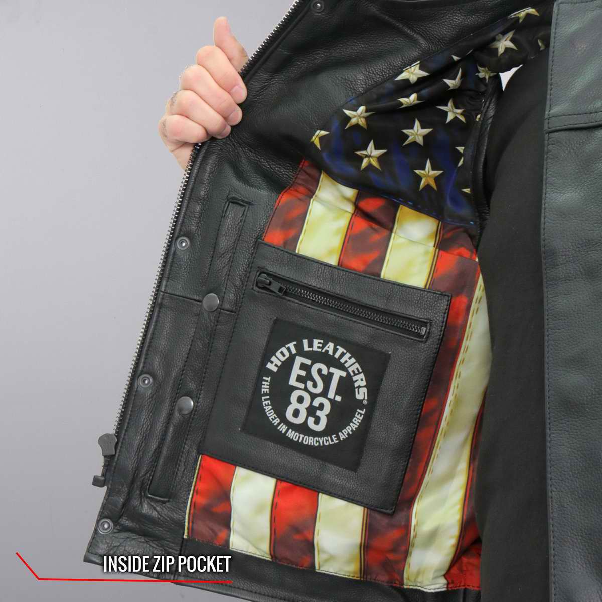 Hot Leathers VSM1056 Men's Black 'Vintage USA Flag' Conceal and Carry Leather Vest